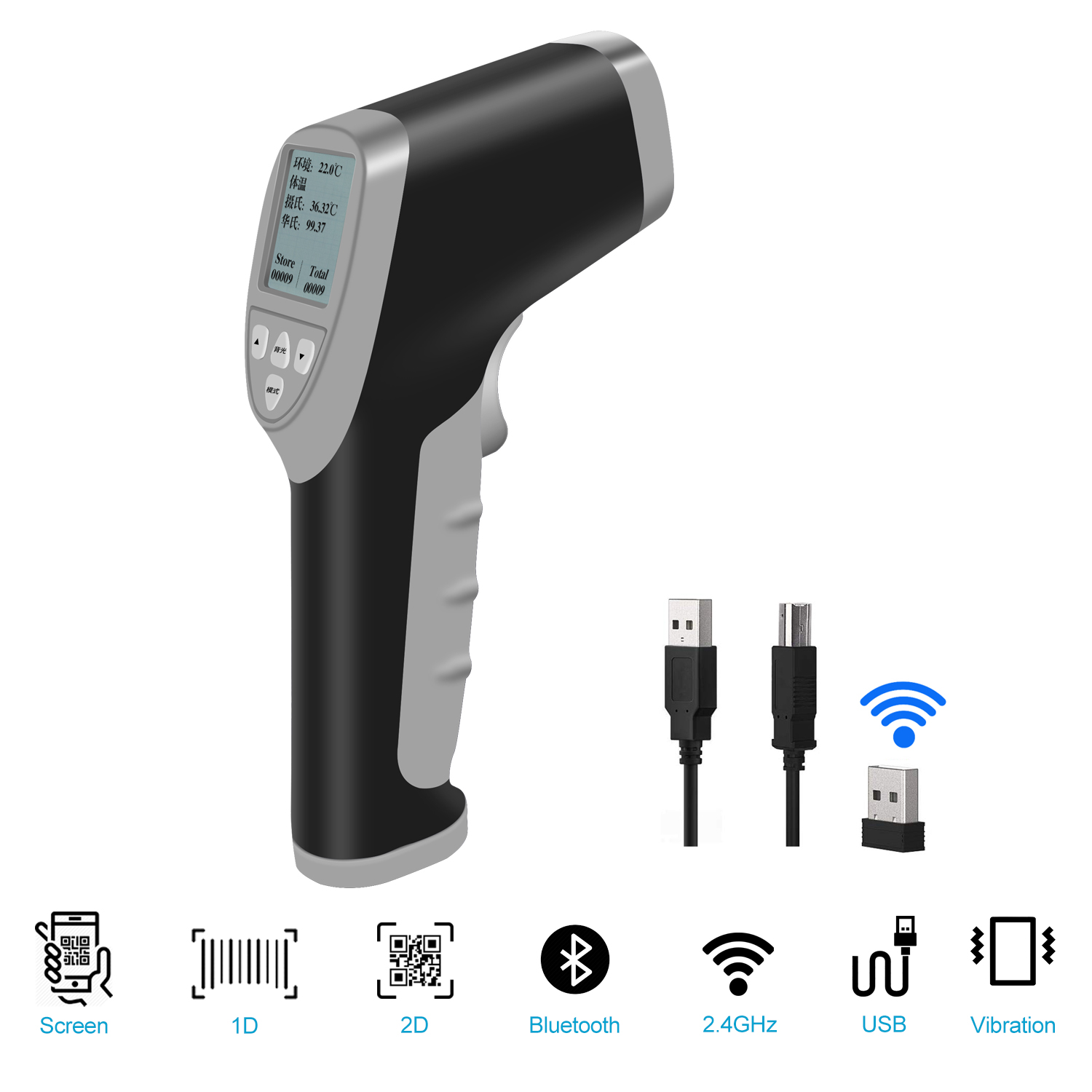 R60 Bluetooth Infrared Thermometer + Barcode Scanner with TFT Color
